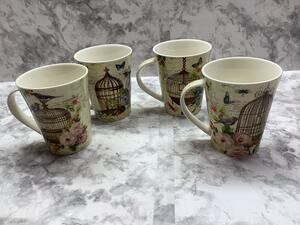 Stokes Vintage Set of Four Bird and Bird Cage Designed Floral Mugs - 14 ounces